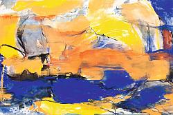 Abstraktes Gemälde mit farbigen Flächen in Blau, Orange und Gelb, teilweise umrandet mit Schwarz und Weiß