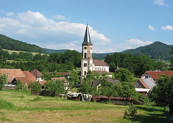 Das Bild zeigt die Kirche St. Stephanus in Reichenbach. Der Spitze Turm mit dem langen Kirchenschiff dahinter ragt aus Bäumen und Häusern heraus. Im Hintergrund sind Wiesen und Schwarzwaldberge sowie rechts die Kriegerkapelle auf dem Friedhof zu sehen.