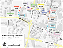 Fernwärme Ausbau Stadt Lahr: Karte, die farbig die einzelnen Bauabschnitte markiert. 