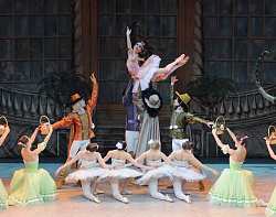 Das Bild zeigt eine Szene aus dem Ballett Dornröschen. Mehrere Tänzer heben Dornröschen in die Luft, mehrere Tänzerinnen knien vor ihnen.