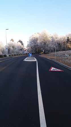 Das Bild zeigt rechts den neue Radfahrschutzstreifen und im Hintergrund die Querungshilfe Sulz, die die Verkehrssicherheit erhöhen.