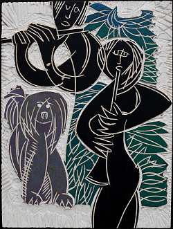 Das Bild zeigt ein Werk von Günter H. Schüßler. In einen weißen Block sind zwei Flötenspieler eingesägt und schwarz bemalt. Zudem ist sind ein Hund und Blätter eingesägt und grau beziehungsweise grün, blau bemalt. 