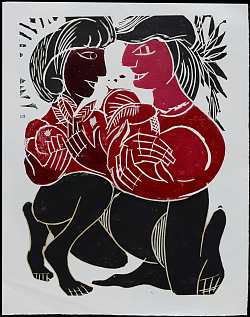 Das Bild zeigt ein Werk von Günter H. Schüßler. Dieses zeigt in rot und schwarz eine Frau links und einen Mann rechts, die mit Früchten in den Armen voreinander knien und sich tief in die Augen schauen.