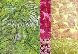 Das Bild zeigt eine von Rainer Zimmermanns in Acryl gemalte "Gartenlandschaft" als digital bearbeitete Fotografie. Zu sehen sind verschiedene Blätter auf roten, grünen oder gelben Hintergründen.