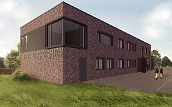 Animation des Dienstleistungsgebäudes vom Ingenieurbüro IFP2 Hangs im startkLahr Airport &#38; Business Park, ein Klinkerbau mit moderner Fassade