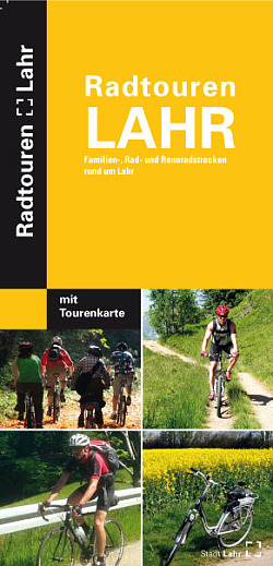 Ein Flyer in gelb gehalten, der Radtouren rund um Lahr bewirbt. Auf dem Flyer sind Bilder, die eine Familie beim Fahrradfahren, ein Mountainbiker, ein Rennradfahrer und ein Fahrrad vor einem gelben Rapsfeld zeigen.