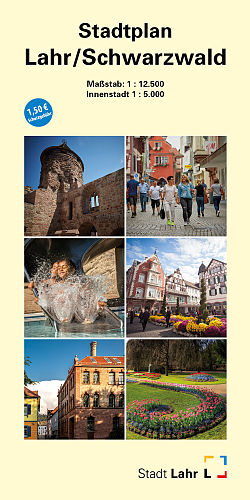 Der neue Stadtplan Lahr ist erschienen. Das Bild zeigt das Titelblatt des Stadtparks mit mehreren Bildern, die markante Stellen in Lahr wie das Terrassenbad, die Tonofenfabrik, den Stadtpark, den Sonnenplatz, die Marktstraße und den Storchenturm zeigen. 