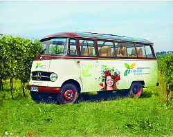 Alter Mercedes Bus mit dem Landesgartenschau-Logo und der Abbildung eines Frauenkopfes, der mit Blumen geschmückt ist, steht auf einer Wiese.