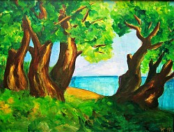 Gemälde mit belaubten Bäumen und einem Gewässer im Hintergrund. Die Farben des Bildes sind kräftig bunt.