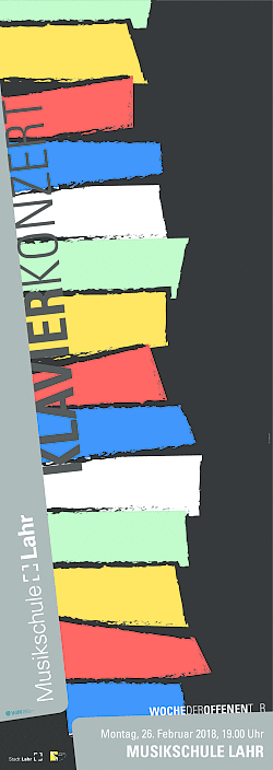 Plakat zu dem Klavierkonzert der Städtischen Musikschule im Rahmen der Woche der offenen Tür.

Das Plakat zeigt stilistisch die Klaviertastatur. Die einzelnen Tasten sind in den unterschiedlichsten Farben dargestellt. 