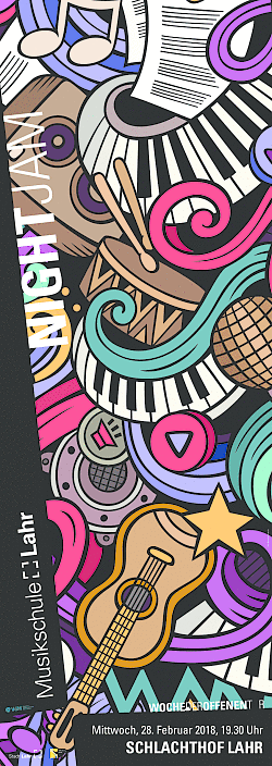 Während der Woche der offenen Tür findet eine Night Jam statt. Das Bild zeigt das Plakat der Veranstaltung. Noten, Instrumente schwirren in bunten Farben über das Bild. 