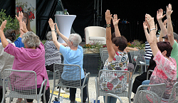 Vor der Bühne im Kleingartenpark sitzen mehrere Personen auf Stühlen und halten die Hände nach oben und den Oberkörper nach links. Die Personen sind von hinten aufgenommen, nur Hinterköpfe sind zu erkennen. 
