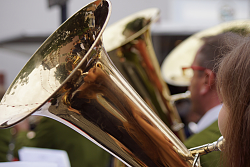 Eine Tenorhornspielerin ist von hinten aufgenommen. Ihr Konterfei spiegelt sich in ihrem glänzenden Horn. 