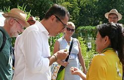 Grünen-Politiker Cem Özdemir war auf Besuch auf der LGS. Die Delegation riecht an Kräutern im interkulturellen Garten. 