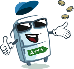 Logo KühlCheck:
Ein gezeichneter lachender Kühlschrank mit Sonnenbrille und hüpfender Basecap,der mit Händen drei Münden in die Luft wirft und "Daumen hoch" zeigt. Auf dem "Bauch" ist A+++ aufgedruckt. 