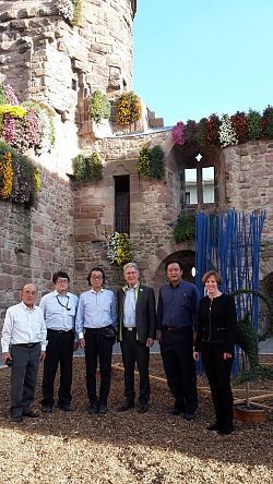 Gruppenbild mit OB Dr. Müller, Martina Mundinger vom Stadtmarketing und den Gästen aus Japan vor dem Lahrer Storchenturm