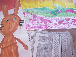 Zu sehen sind frühlingshafte Bilder von Kindern. Zu sehen ist außerdem ein gemalter brauner Osterhase.