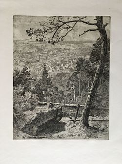 Das Bild ist eine Bleistiftzeichnung und zeigt das schöne Städtchen Lahr. Im Vordergrund sieht man Bäume und Sträucher, im Hintergrund die Rheinebene. 