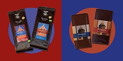 in der linken Hälfte des Bildes befinden sich zwei braune Packungen mit Lahrtino-Kaffe, in der rechten Hälfte zwei braune Packungen Chocolahr 