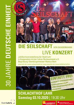 Plakat zur Festveranstaltung anlässlich 30 Jahre Deutsche Einheit mit einem Bild der Band "Die Seilschaft"