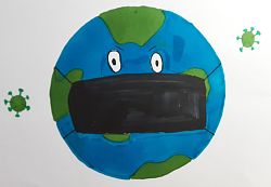 Das Bild zeigt eine Zeichnung von Angelina Ponomarew, eine Weltkugel mit einer Maske 