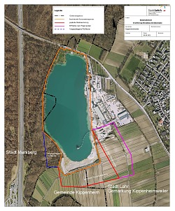 Plan der „Erweiterung Kiesabbau Waldmattensee“; rosa umrandet: aktuell im Regionalplan vorgesehene Erweiterungsfläche von 6,75 ha, blau umrandet: vorgeschlagene Prüffläche von 2 ha. Es handelt sich um ein Grobkonzept, kleinere Abweichungen sind möglich.