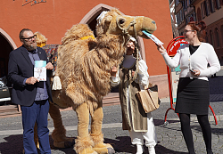 Guido Schöneboom, links, und Cornelia Lanz stehen neben dem Puppenkamel Kamelita in Lebensgröße und preißen das nue Spielzeitmagazin an. 