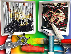 Werkstoffe für das Mitmach-Atelier „Mit Strich und Faden und Schächtele“