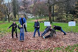 Sechs Männer und eine Frau auf den Outdoor-Sportgeräten im Lahrer Rosenpark.
