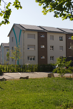 Mehrere Häuser stehen nebeneinander. Auf ihren Dächern sind Solarpanels.