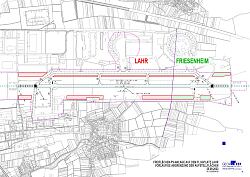 Rot eingefärbte Flächen neben der Start- und Landebahn auf Lahrer, grün eingefärbte Flächen auf Friesenheimer Gemarkung