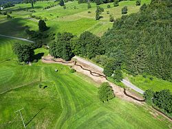 Luftbild vom Bachlauf mit Bäumen und Wiesen