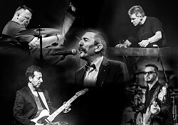 Collage aus Schwarz-Weiß-Bildern der fünf Musiker von Grand Daddy Dirty in Aktion