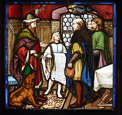 Dieses Glasfenster im Alten Rathaus zeigt die Verleihung des Lahrer Freiheitsbriefs 1377.