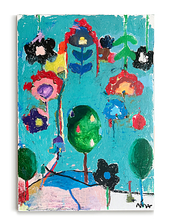 Buntes Bild mit Blumen aus Acryl &#38; Ölpastell auf einer Leinwand