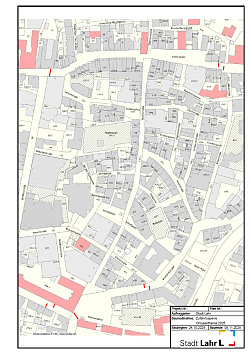 Karte der Lahrer Innenstadt mit Zufahrtssperren in Richtung Rathausplatz und Urteilsplatz