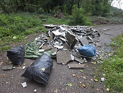 Müllsäcke und Bauschutt verteilt im Wald.