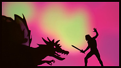 Schattenriss mit Drache und Ritter