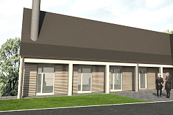 Visualisierung des neuen städtischen Krematoriums am Lahrer Bergfriedhof mit langgestrecktem Bau, großem Schrägdach, mehreren bodentiefen Fenstern, außenliegender Wendeltreppe und zwei Personen im Gespräch auf dem Vorplatz.