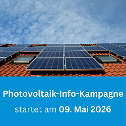 Plakat Photovoltaik Infokampagne. Zu sehen ist ein Dach mit einer Photovoltaikanlage.