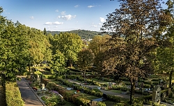 Bergfriedhof mit Grabstätten und Wegen umgeben von Bäumen unter blauem Himmel.
