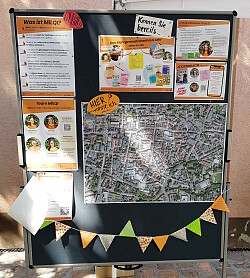 Stellwand mit Informationen zum Projekt „MiLQI – Mitten.in.Lahr – Quartiersarbeit Innenstadt“ beim ersten Nachbarschaftsfest am 29. Mai 2026