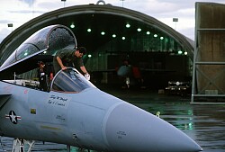 ein US-amerikanisches „F-15 Eagle“ Flugzeug bei der NATO-Übung „Cornet Phaser“ auf dem Lahrer Flugplatz 1987