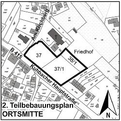 Man sieht den Geltungsbereich des zweiten Teilbebauungsplans Ortsmitte, Stadtteil Kuhbach