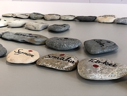 Das Bild zeigt Kieselsteine in einer Reihe gelegt, auf denen Ländernamen geschrieben sind. 