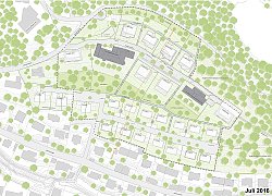 Zeichnung zum Städtebaulichen Konzept, Verfahrensstand - frühzeitige Beteiligung Bebauungsplan Altenberg, 1. Änderung. Dargestellt sind die Gebäude, Straßen und Grünflächen auf dem Areal. 