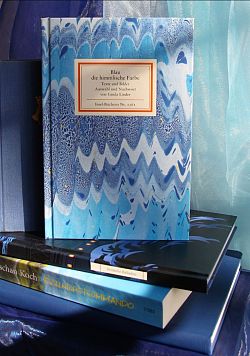 Großaufnahme von Büchern mit blauem Einband vor blauer Kulisse.