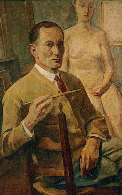 Ein Selbstportrait zeigt Emil Rudolf Weiß als Maler auf einem Stuhl sitzend, in einer Hand hält er einen Pinsel, in der anderen eine Zigarre. Im Hintergrund sitzt eine nackte Frau als Aktmodel. Weiß trägt eine beige Strickjacke, blaue Hose, weißes Hemd und eine rotbraune Krawatte. 