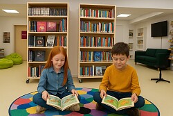 Ein Mädchen und ein Junge (KI-generiert) sitzen in der (echten) Bücherei der Gutenbergschule, realisiert  2021 über den Lahrer Stadtgulden