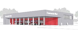 Entwurf der neuen Feuerwache Lahr. Graues kastenförmiges Gebäude, an der Vorderseite Garagentore in Rot, die überdacht sind.